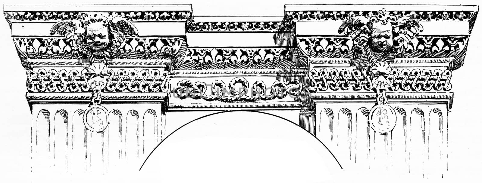 Details of a frieze for the Louvre palace, vintage engraving. by Morphart