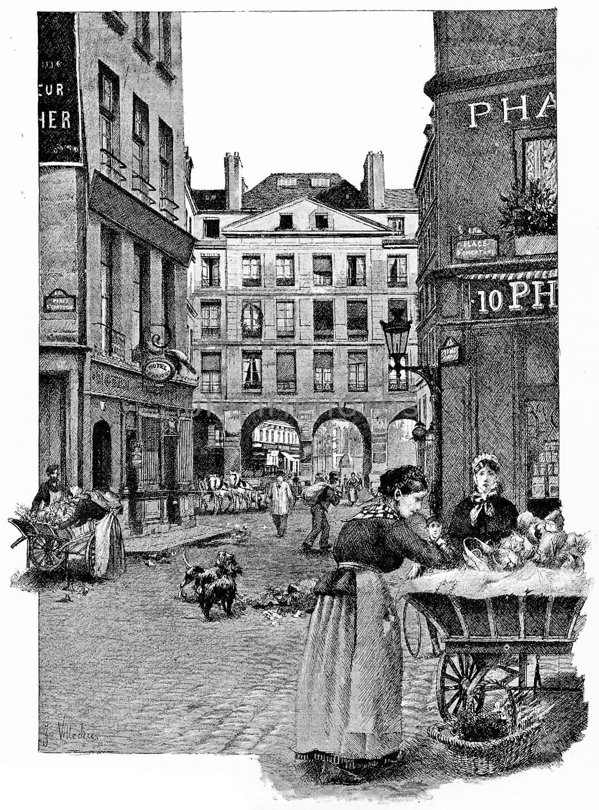 The arcades of the rue de la Ferronnerie, vintage engraving. by Morphart