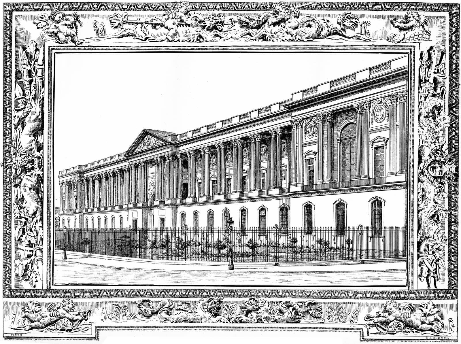 The colonnade of the Louvre, vintage engraving. by Morphart