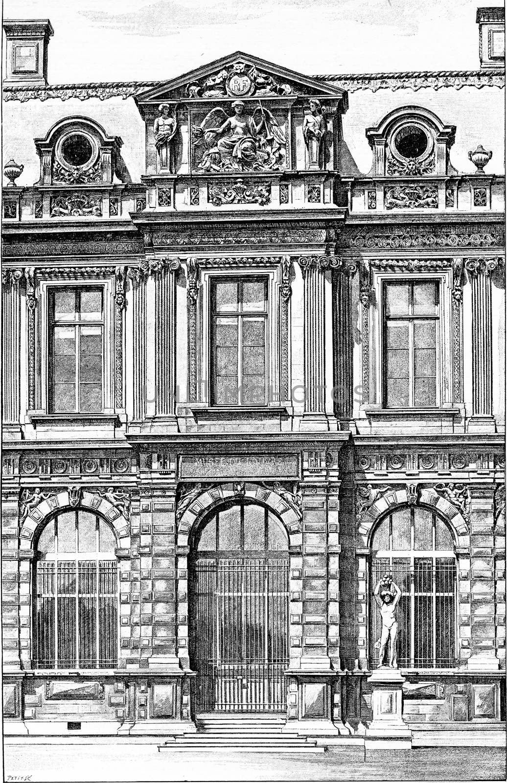 Façade of the Henry IV Gallery at the Jardin de l'Infante at the Louvre Museum in Paris, France. Vintage engraving.

