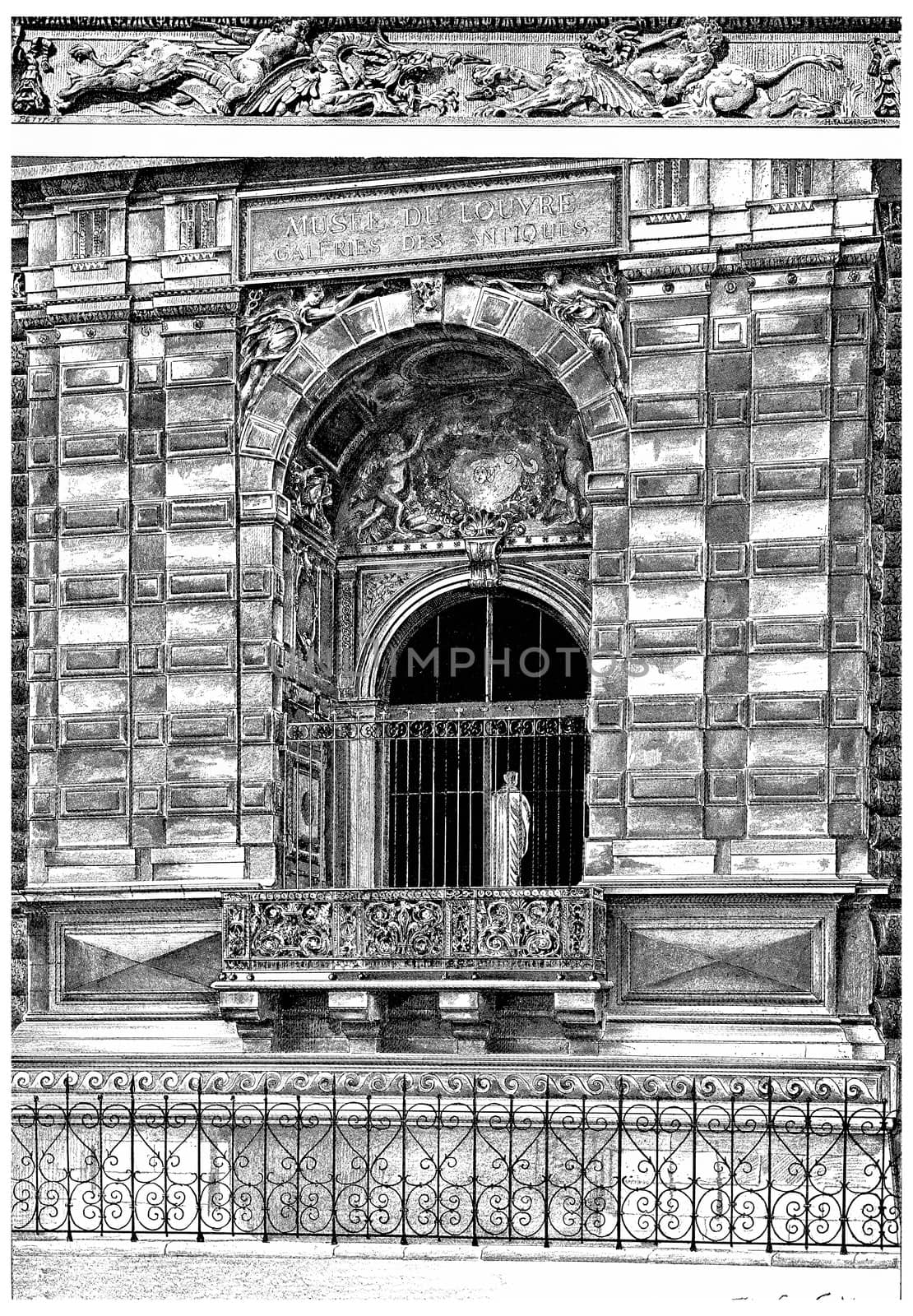Window of the small gallery on the Quai du Louvre, vintage engraved illustration. Paris - Auguste VITU – 1890.