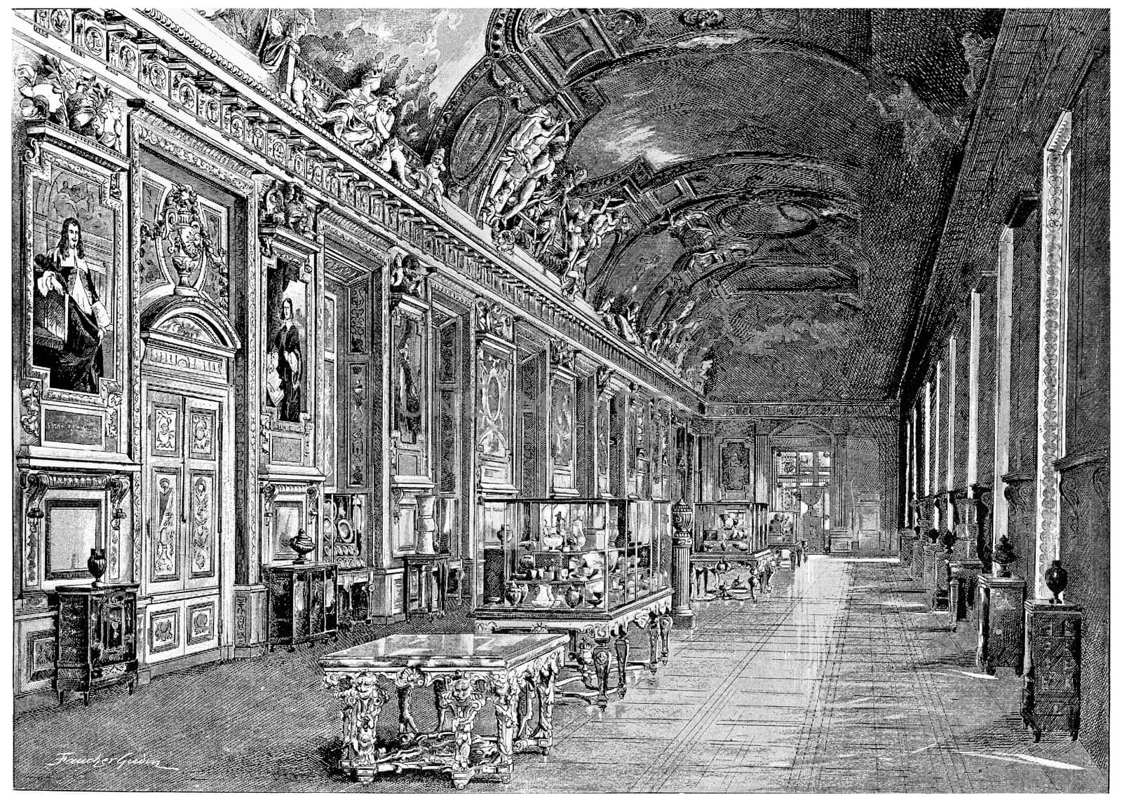 Louvre. Apollo Gallery, vintage engraving. by Morphart