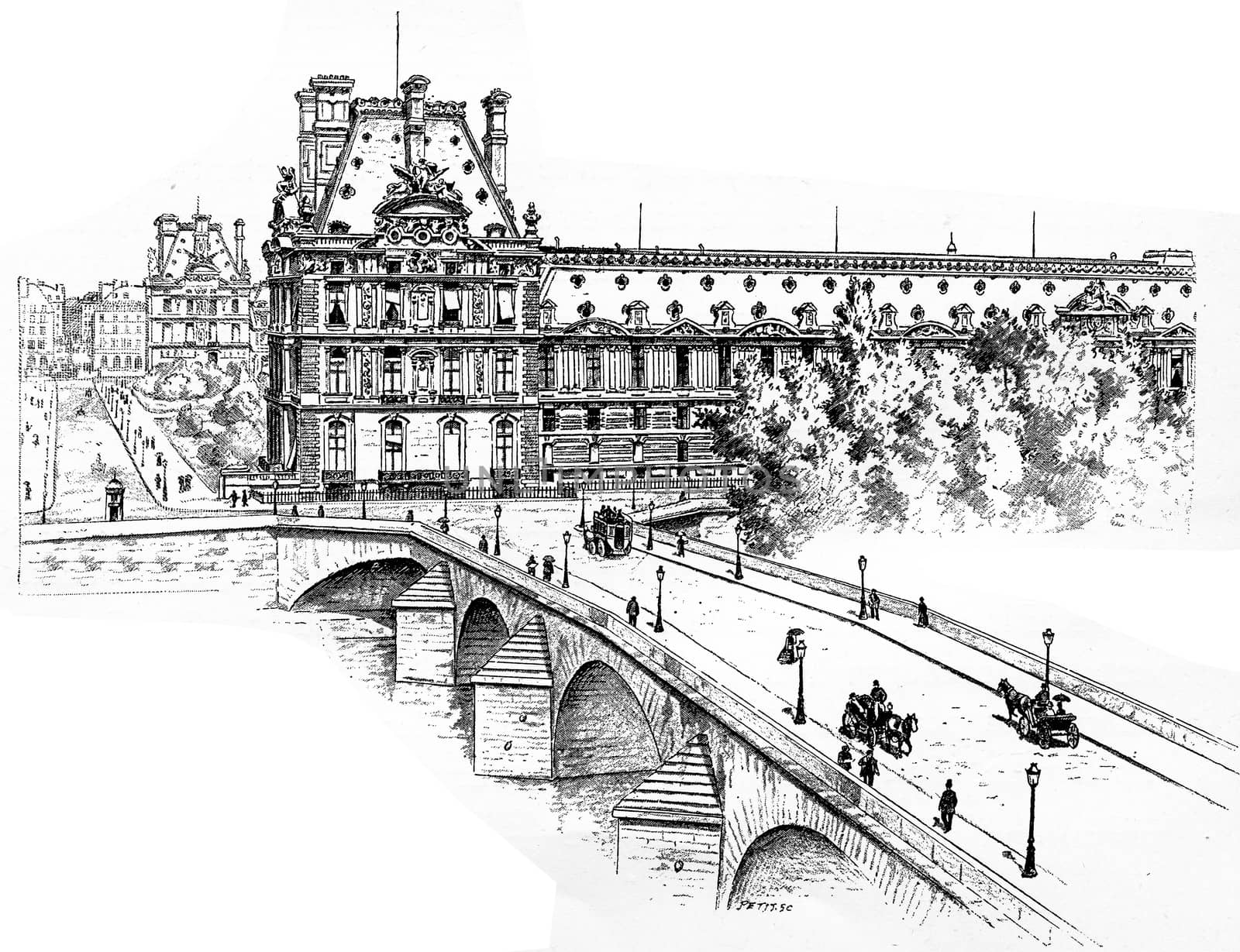 The Pavilion de Marsan, the Pavillon de Flore and the Pont Royal, Quai des Tuileries, vintage engraved illustration. Paris - Auguste VITU – 1890.