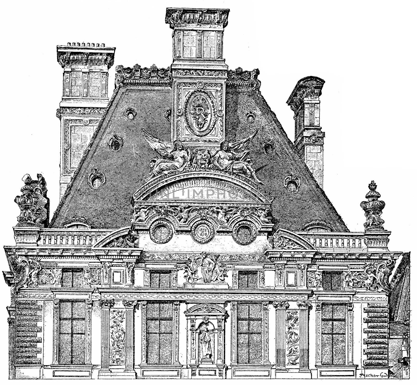 Coronation Pavilion de Marsan, vintage engraving. by Morphart