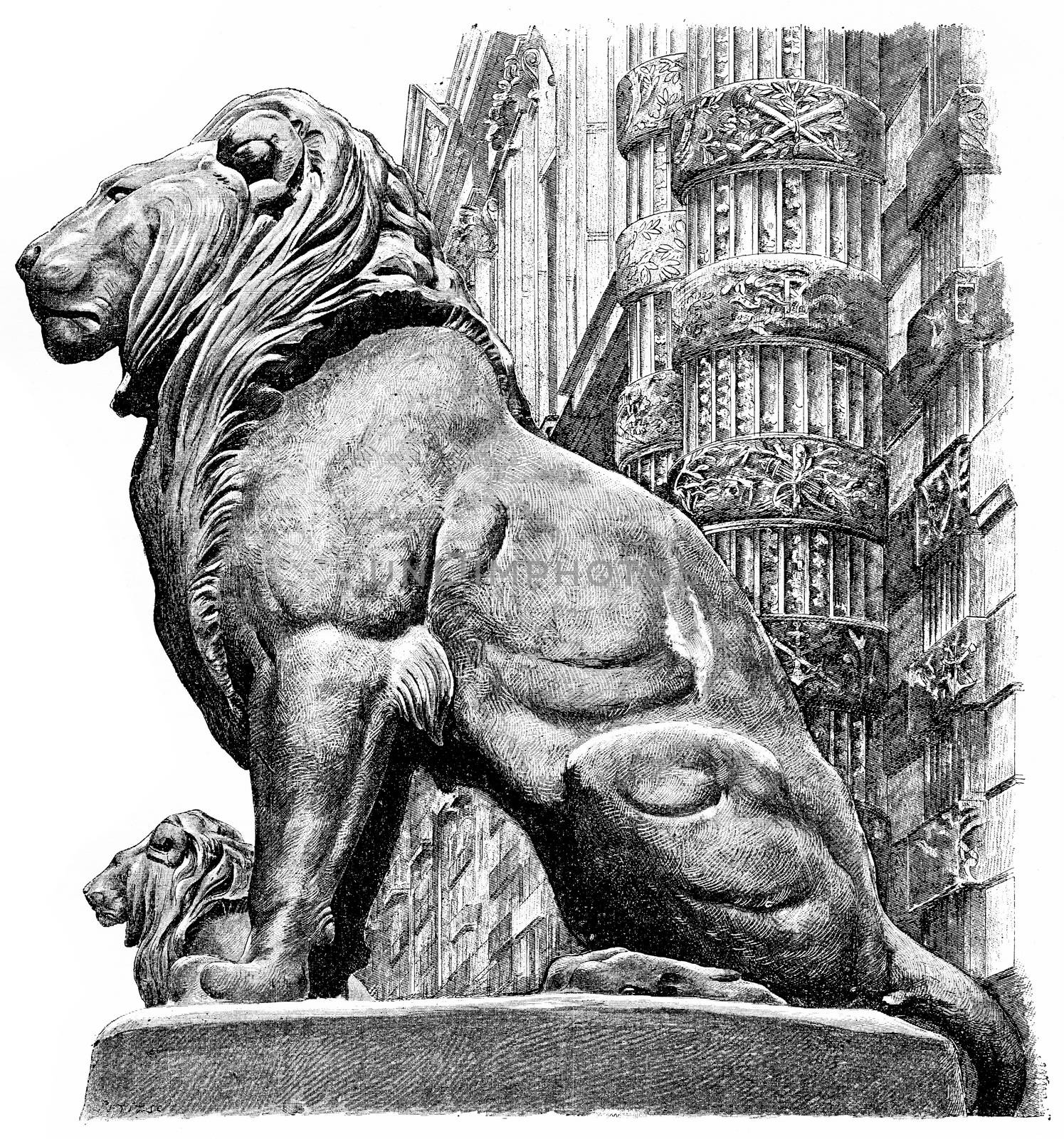 Barye lions at the gate of the Tuileries, vintage engraving. by Morphart