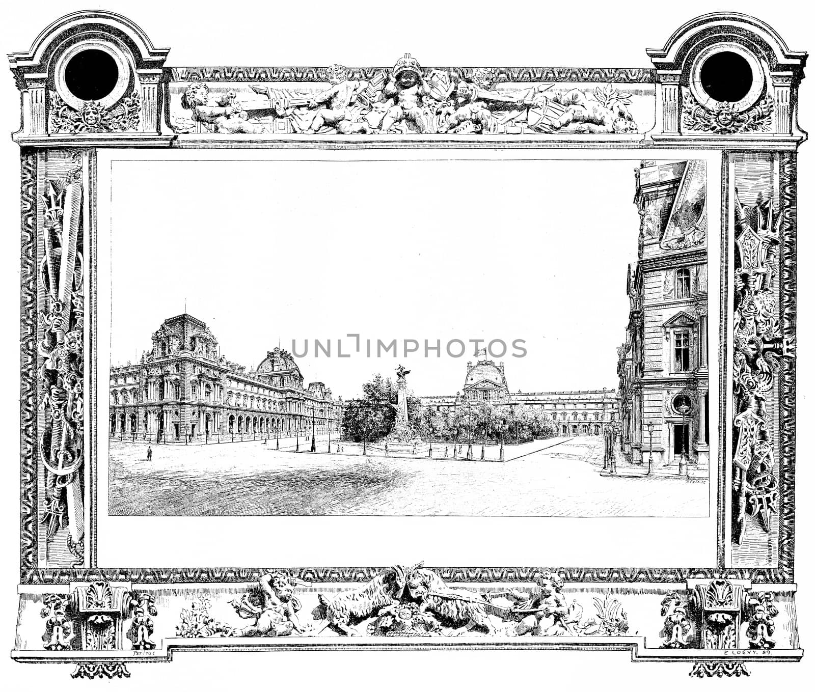 The Louvre seen from the Place du Carrousel, vintage engraving. by Morphart