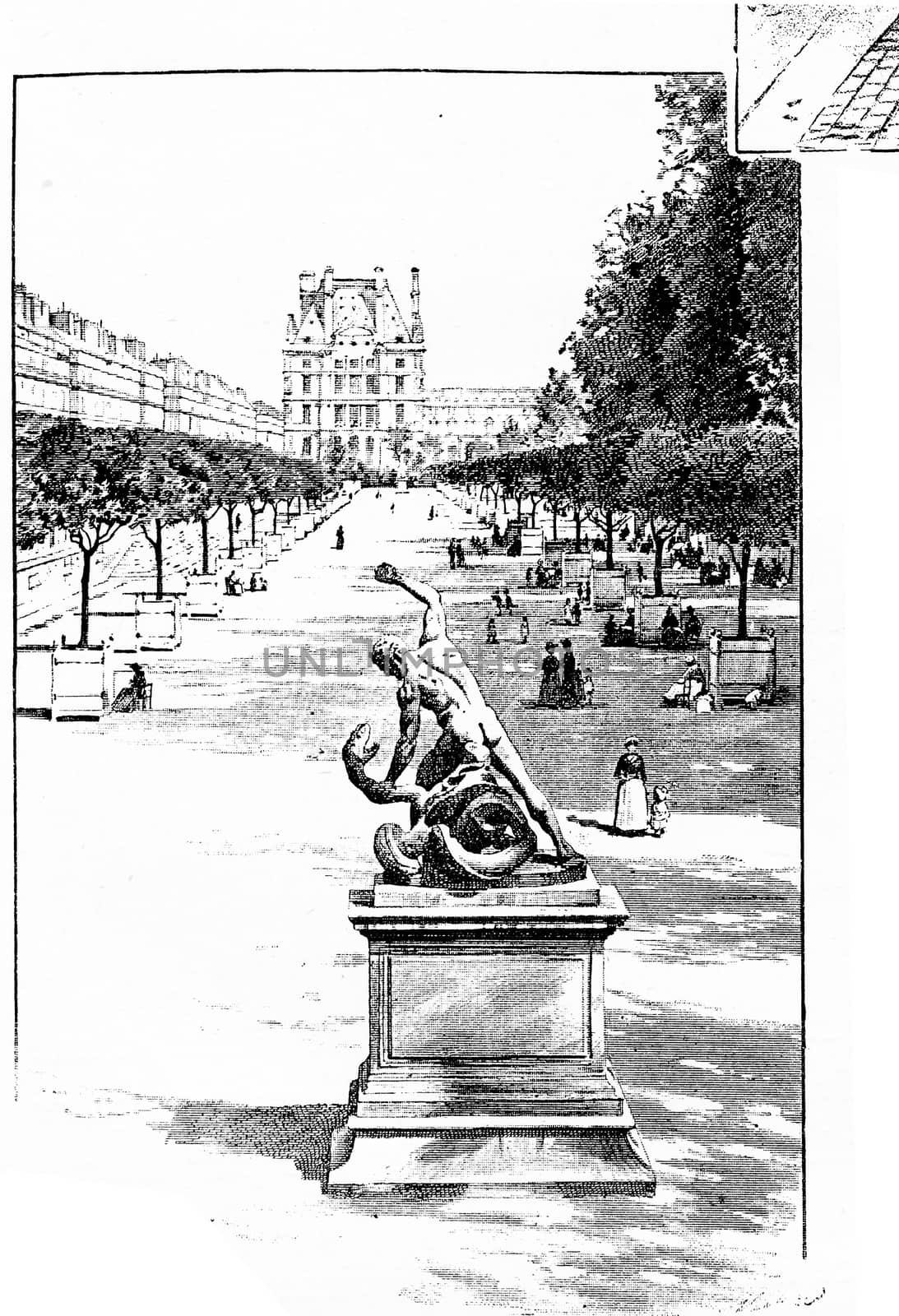 At the bottom of the terrace of feuillant, vintage engraved illustration. Paris - Auguste VITU – 1890.