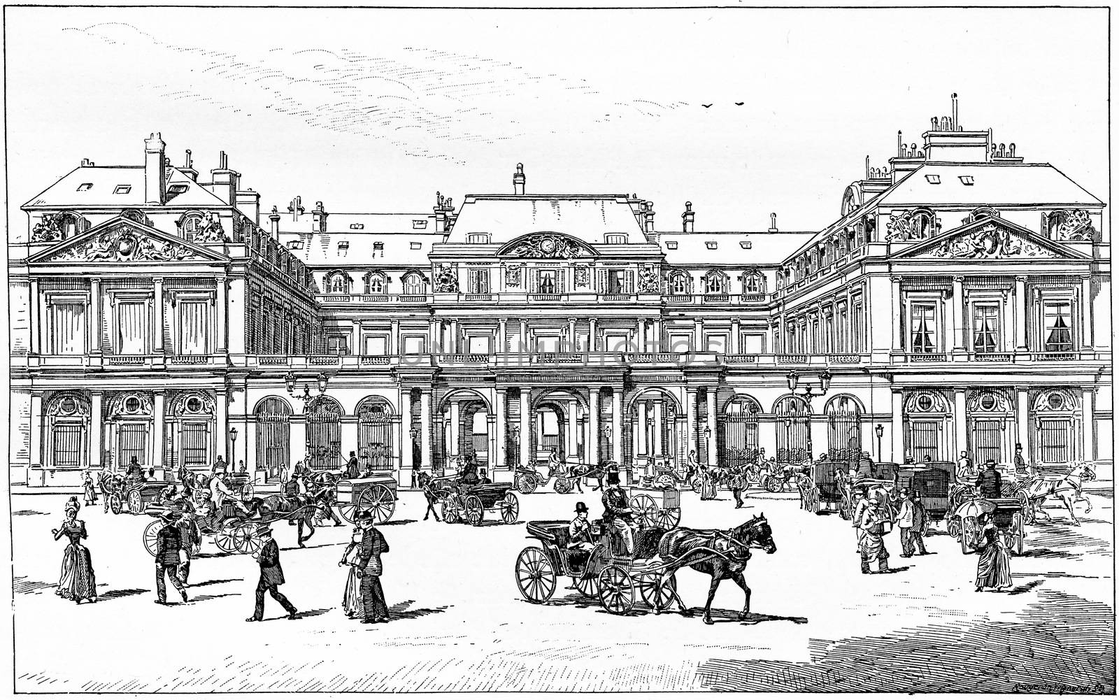 Square of royal palace, vintage engraved illustration. Paris - Auguste VITU – 1890.