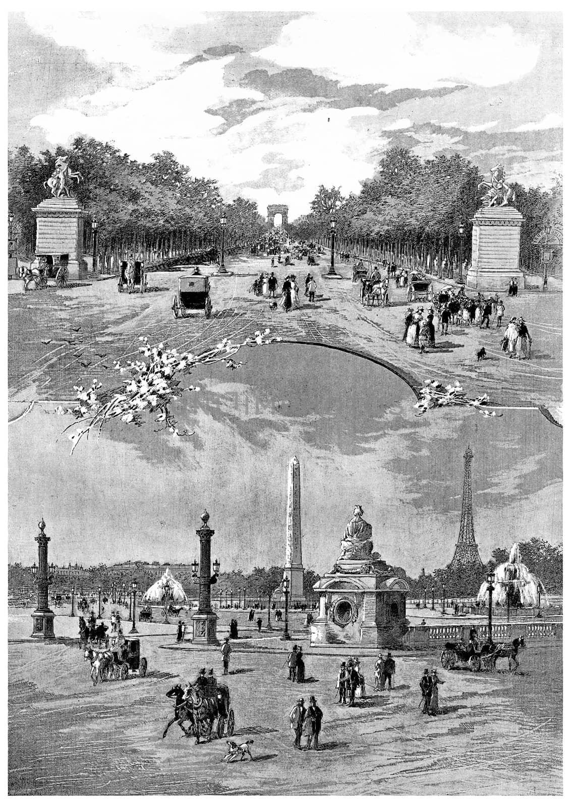 Place de la Concorde and Champs-Elysees avenue, vintage engravin by Morphart