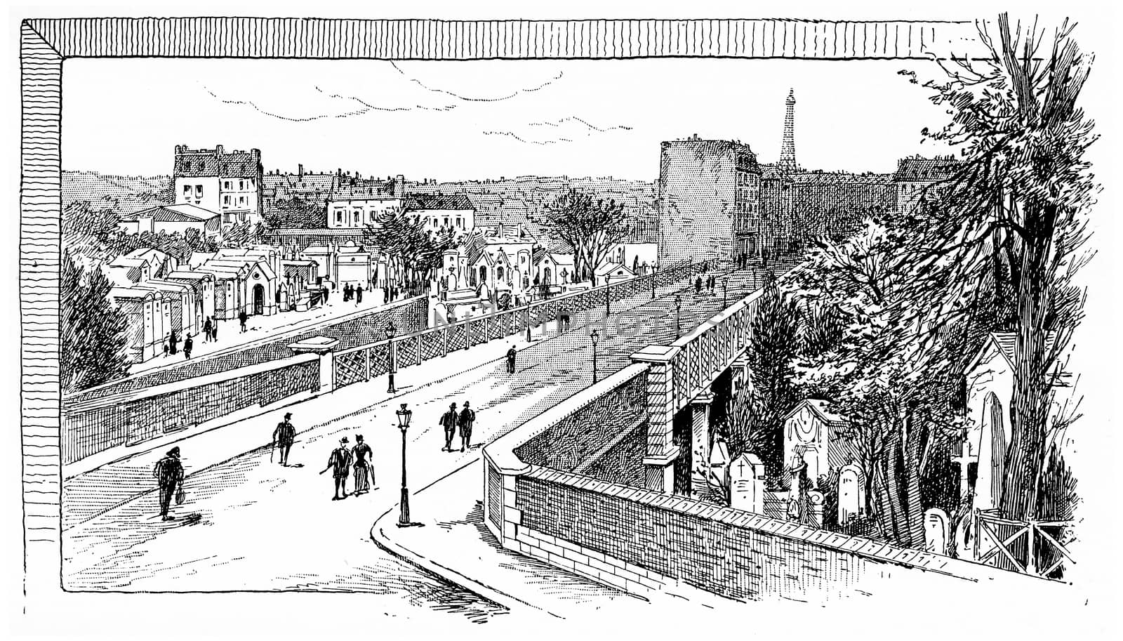 Caulaincourt the bridge over the Montmartre cemetery, vintage engraved illustration. Paris - Auguste VITU – 1890.