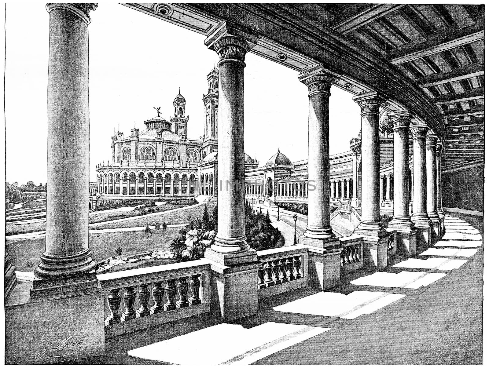 The palace of the Trocadero given its large gallery, vintage engraved illustration. Paris - Auguste VITU – 1890.