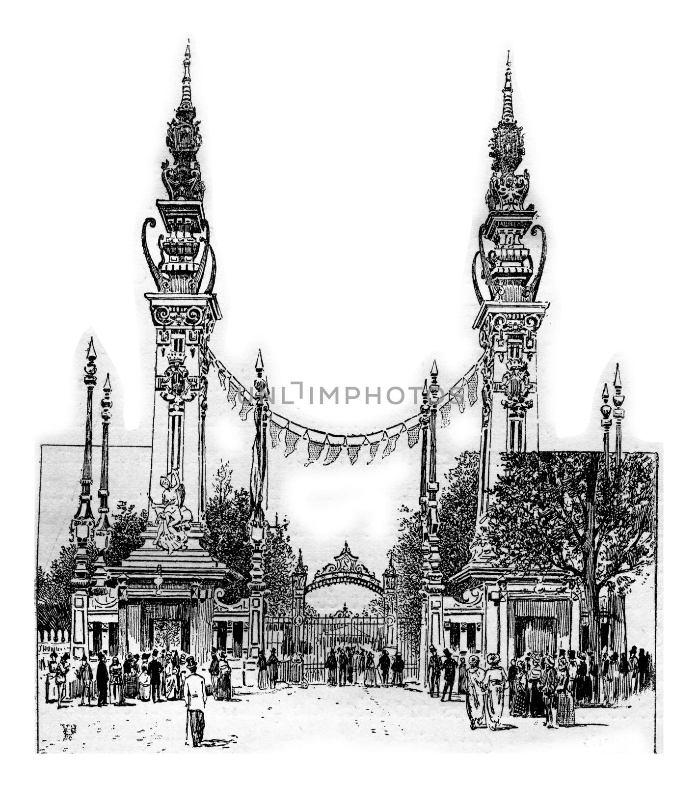 The entrance of the Quai d'Orsay in Paris, France. Vintage engraving.
