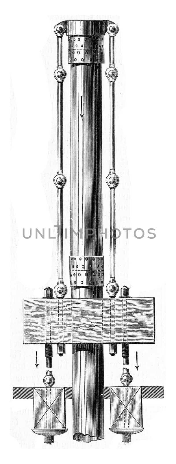 Casing of wells drilled. Layout used for driving tubes by pulling, vintage engraved illustration. Industrial encyclopedia E.-O. Lami - 1875.
