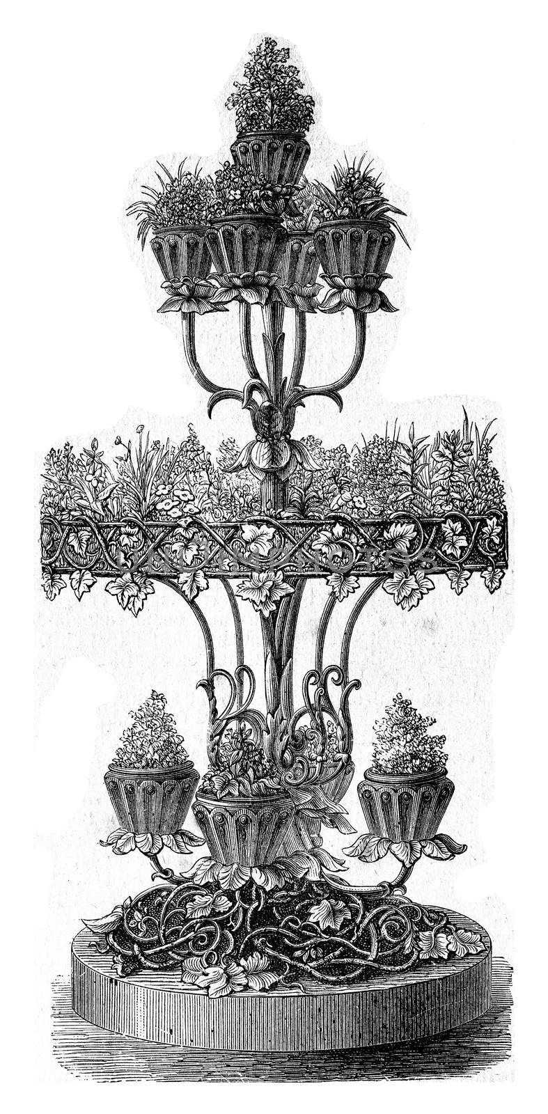Tiered planter, vintage engraved illustration.
