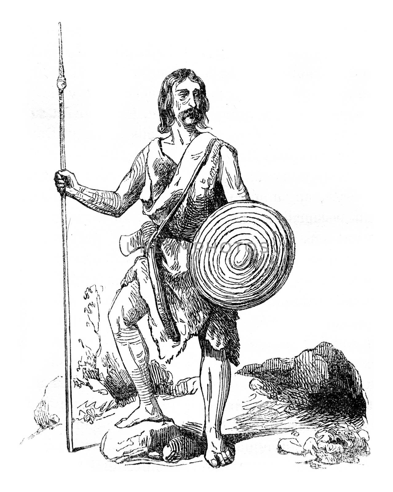Breton warrior, vintage engraved illustration. Colorful History of England, 1837.
