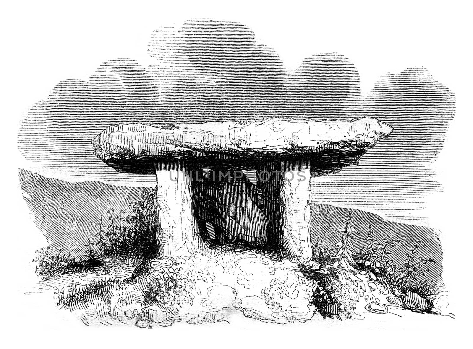 Druidic monument called dolmens, derives from the Antique Cabinet, vintage engraved illustration. Colorful History of England, 1837.
