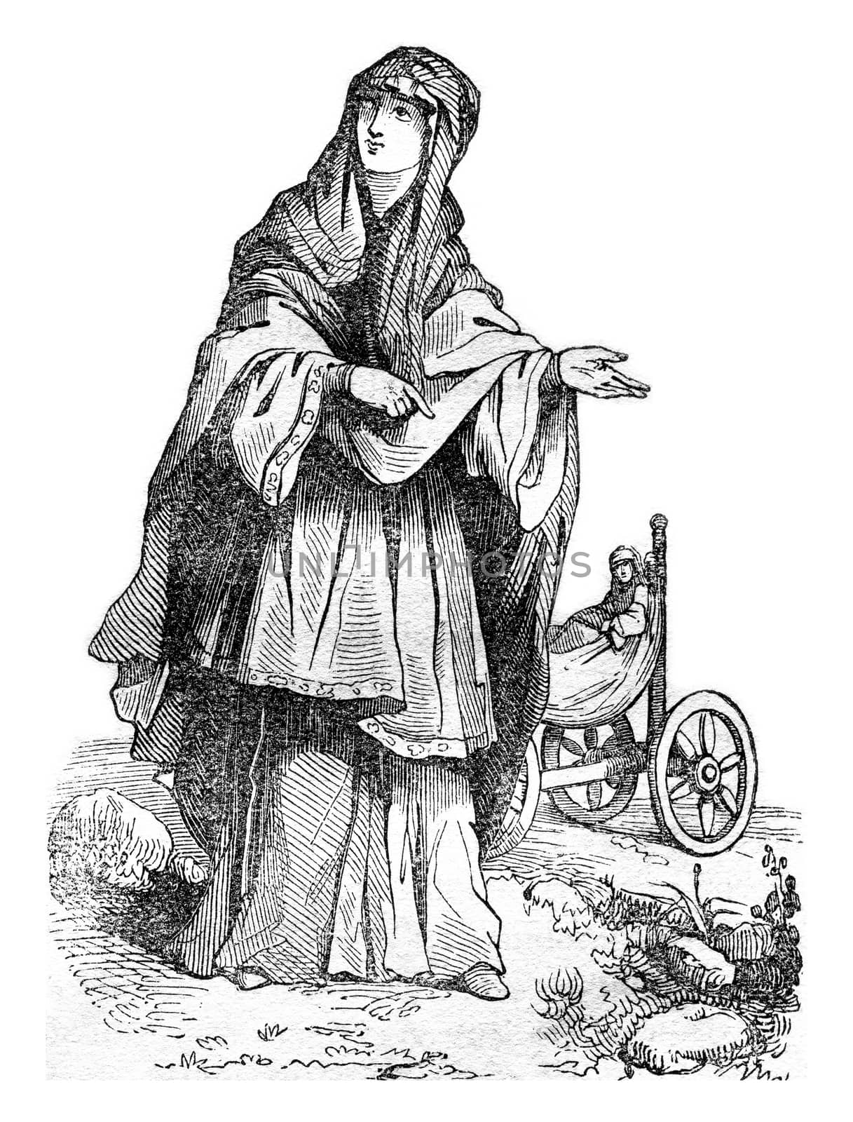 Saxon woman, after the Meyrick, vintage engraved illustration. Colorful History of England, 1837.

