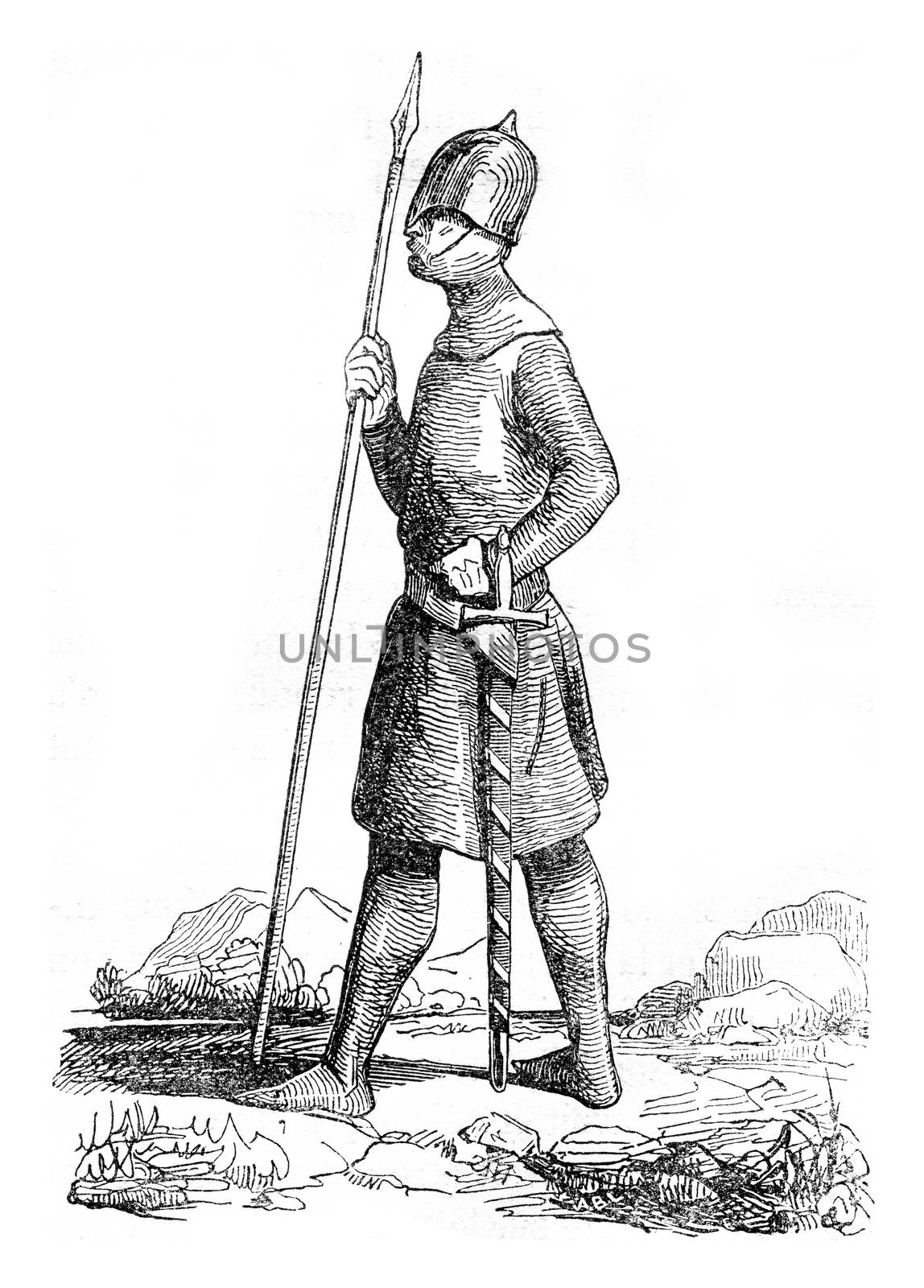 Danish warrior, vintage engraved illustration. Colorful History of England, 1837.
