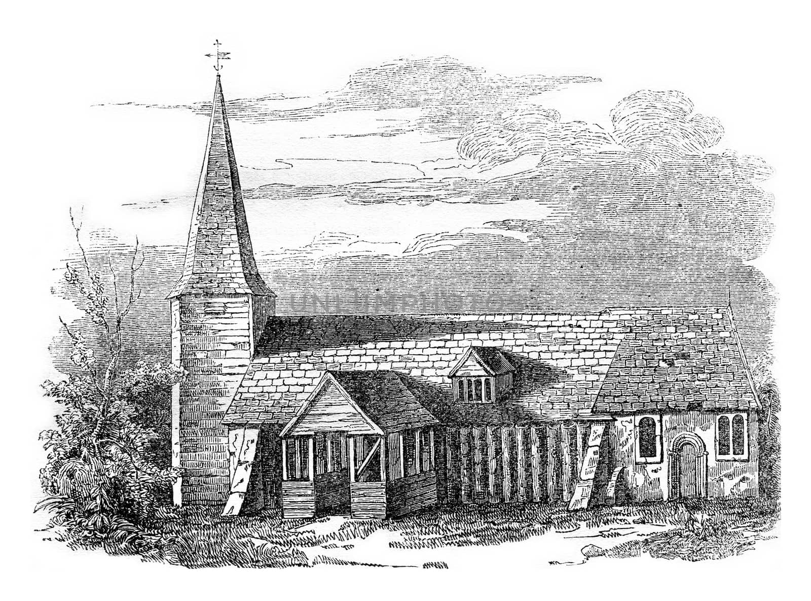 Church of St. Edmundsbury (Essex), vintage engraved illustration. Colorful History of England, 1837.
