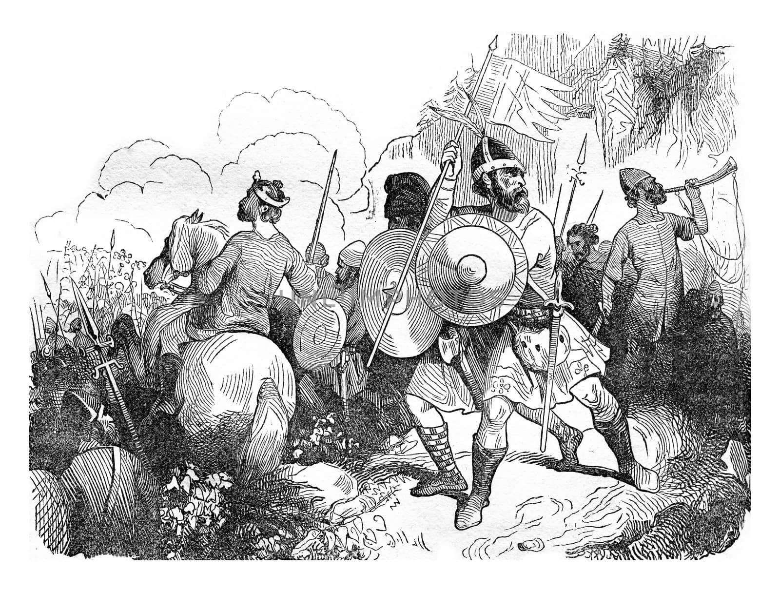 Saxon warriors in the eleventh century, vintage engraved illustration. Colorful History of England, 1837.
