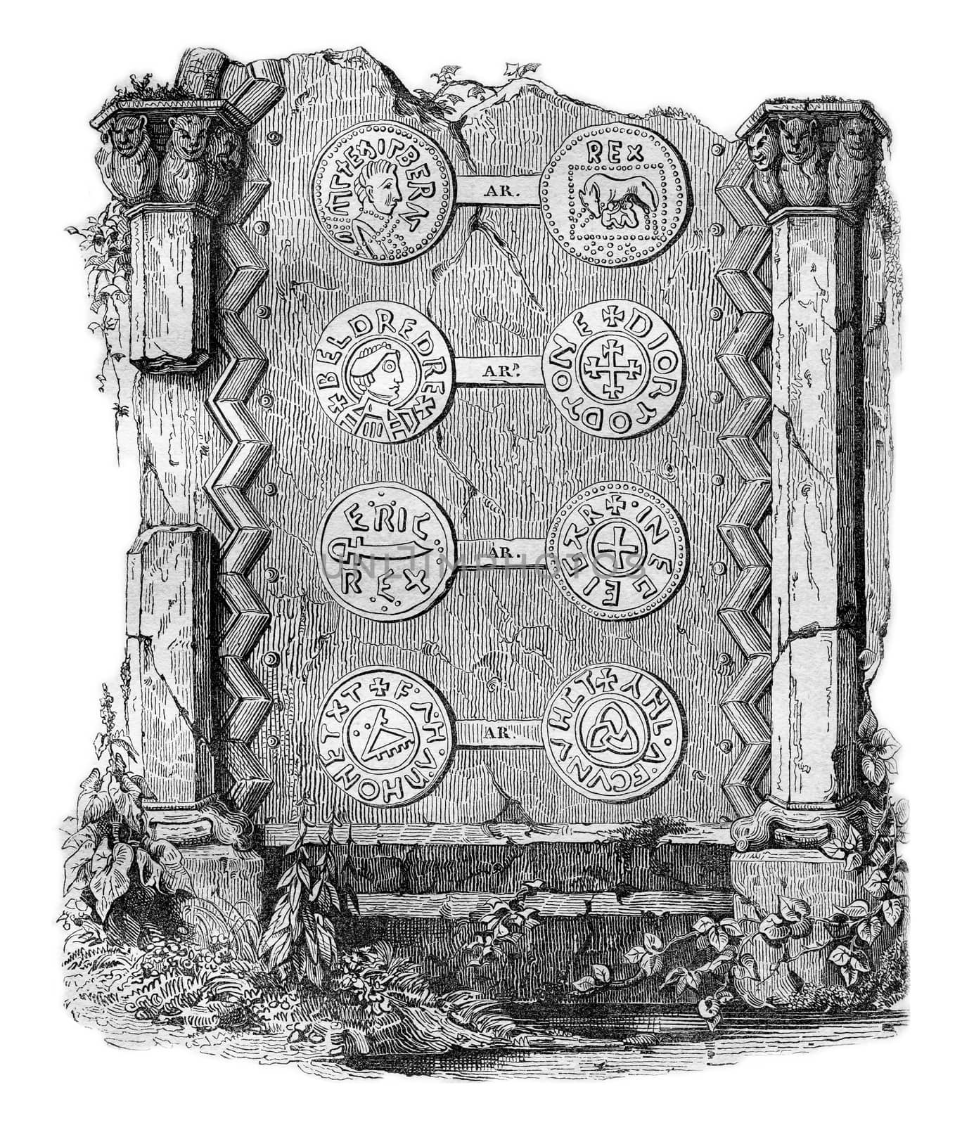 Architectural fragments and Saxon coins, vintage engraved illustration. Colorful History of England, 1837.
