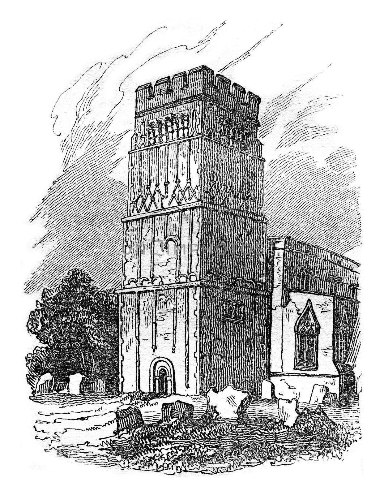 Tower of Earls Barton, Northamptonshire, vintage engraved illustration. Colorful History of England, 1837.
