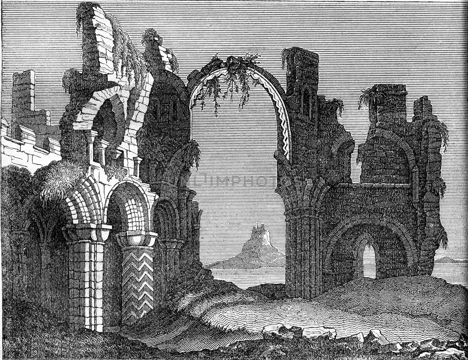 Ruins of the monastery of Lindisfarne, Holy Island, vintage engraved illustration. Colorful History of England, 1837.
