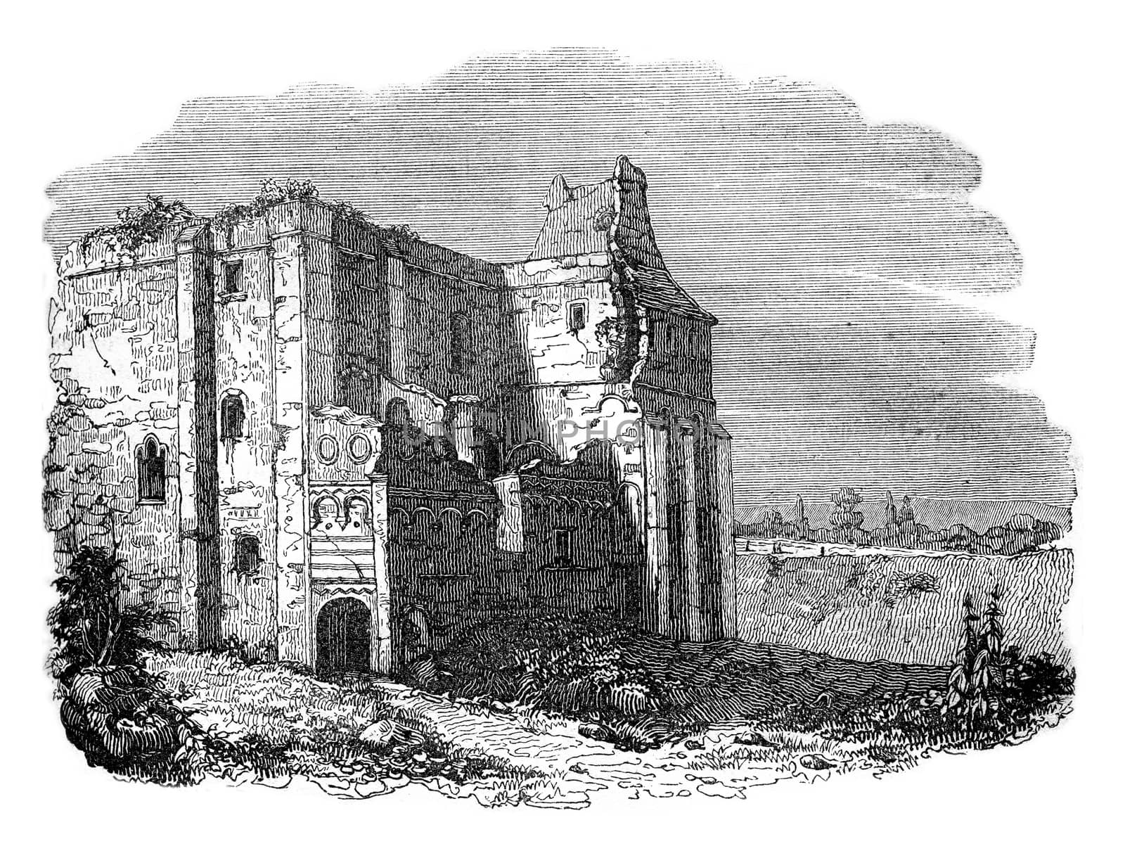 Castle Rising, owned Stigand, vintage engraved illustration. Colorful History of England, 1837.
