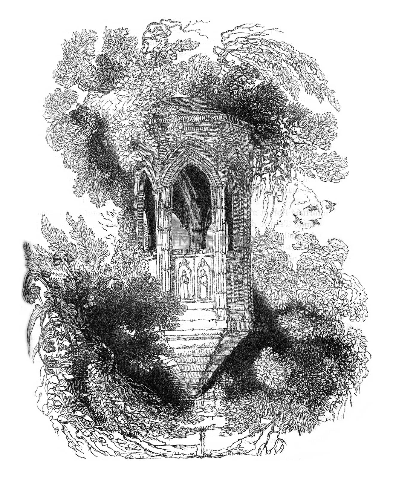 Ruins of a stone pulpit, located in the gardens of the Abbey Shrewsbury, Shropshire, vintage engraved illustration. Colorful History of England, 1837.
