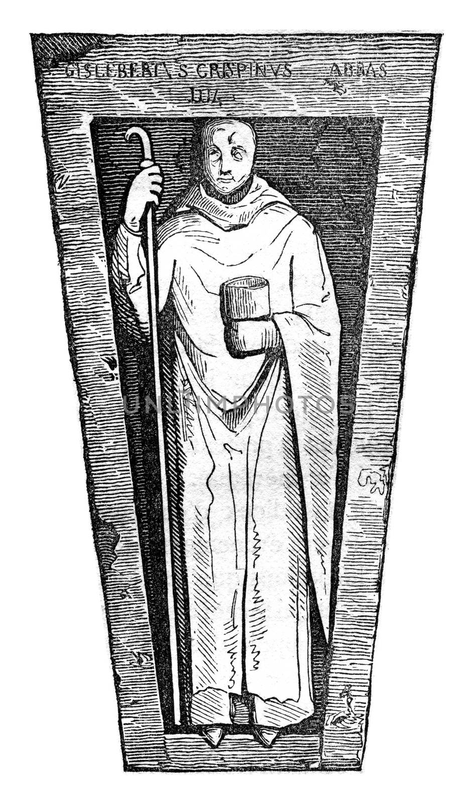 Statue of Gilbert, placed on his tomb, vintage engraved illustration. Colorful History of England, 1837.
