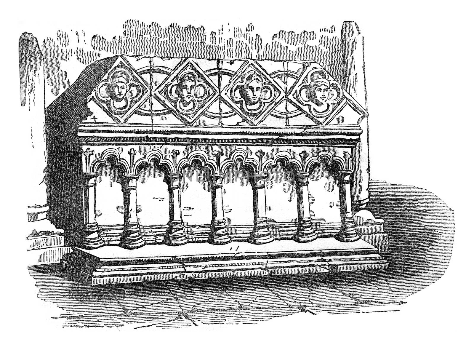 Grave of Theobald, Archbishop of Canterbury, vintage engraved illustration. Colorful History of England, 1837.

