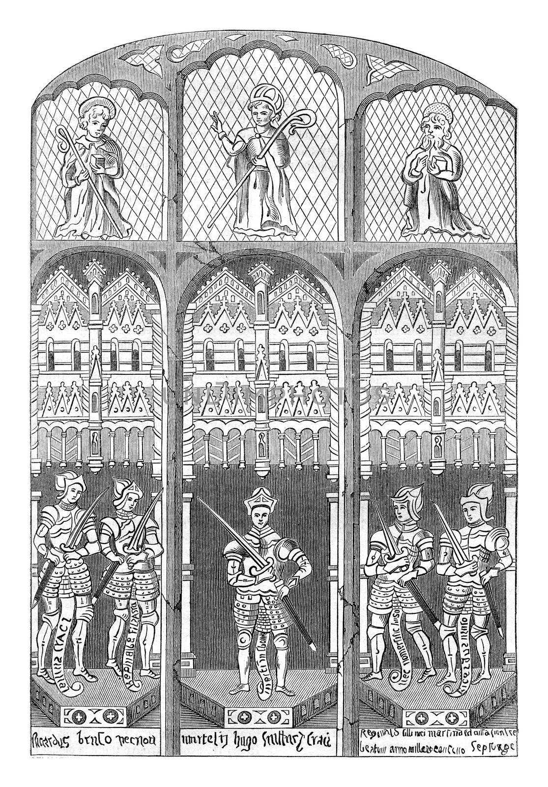 Stained glass windows of the church of Brereton, Cheshire, vintage engraved illustration. Colorful History of England, 1837.
