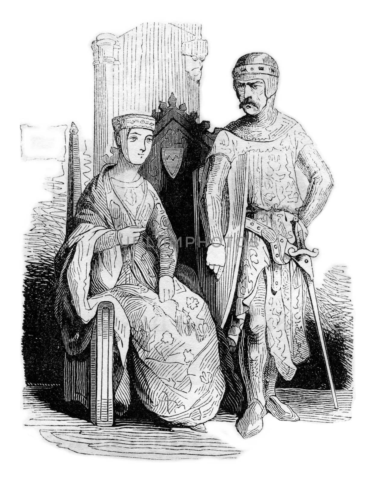 Costumes beginning of the reign of John, vintage engraved illustration. Colorful History of England, 1837.
