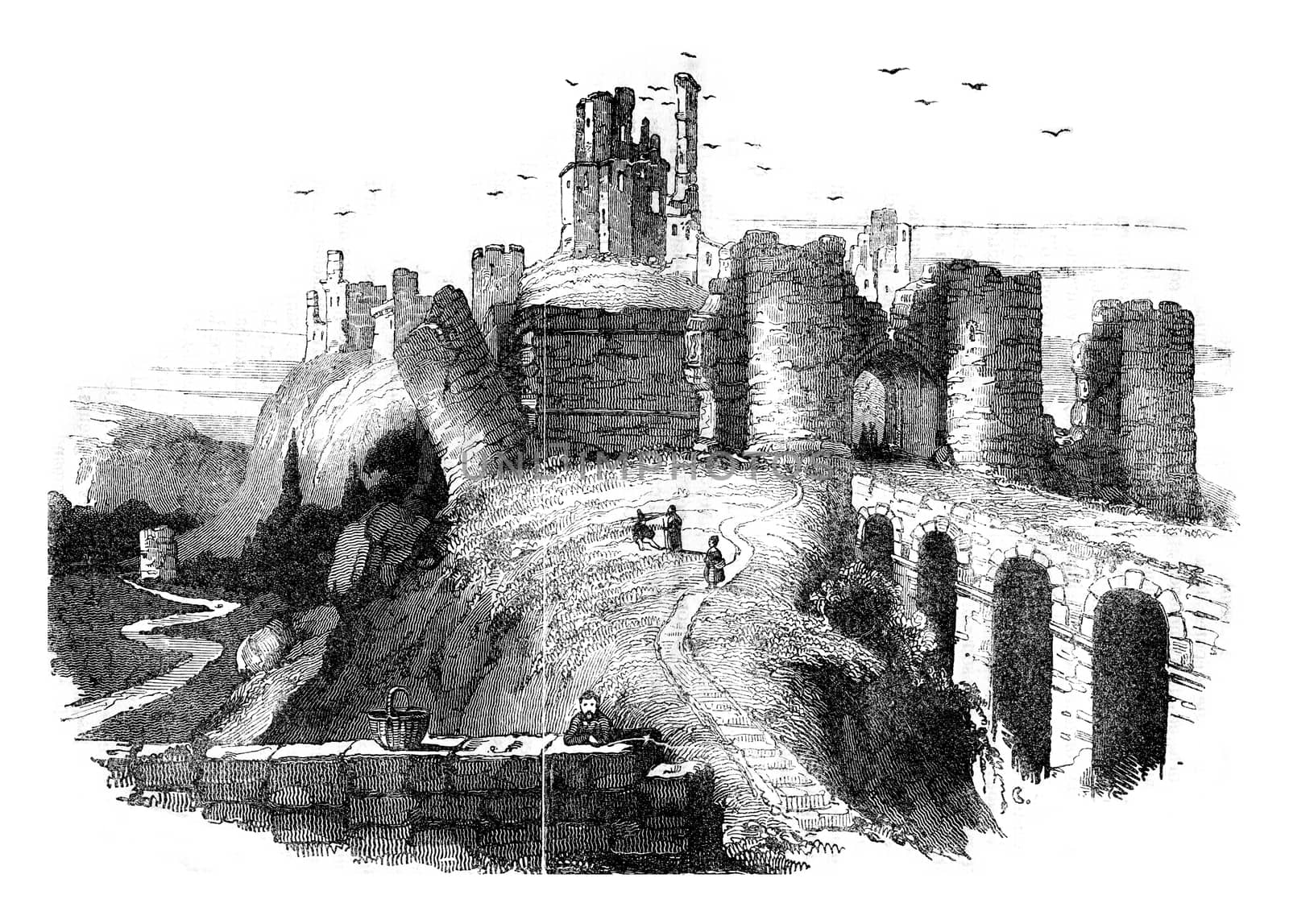 Ruins of Corfe Castle, Earl of Dorset, vintage engraved illustration. Colorful History of England, 1837.
