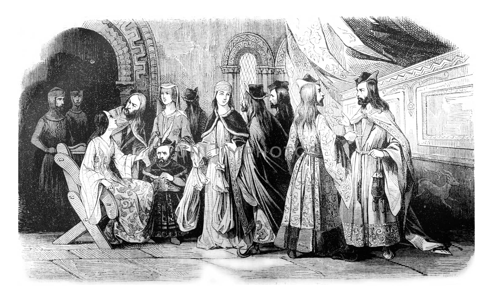 Costumes of the nobility during the reign of John Lackland, vintage engraved illustration. Colorful History of England, 1837.
