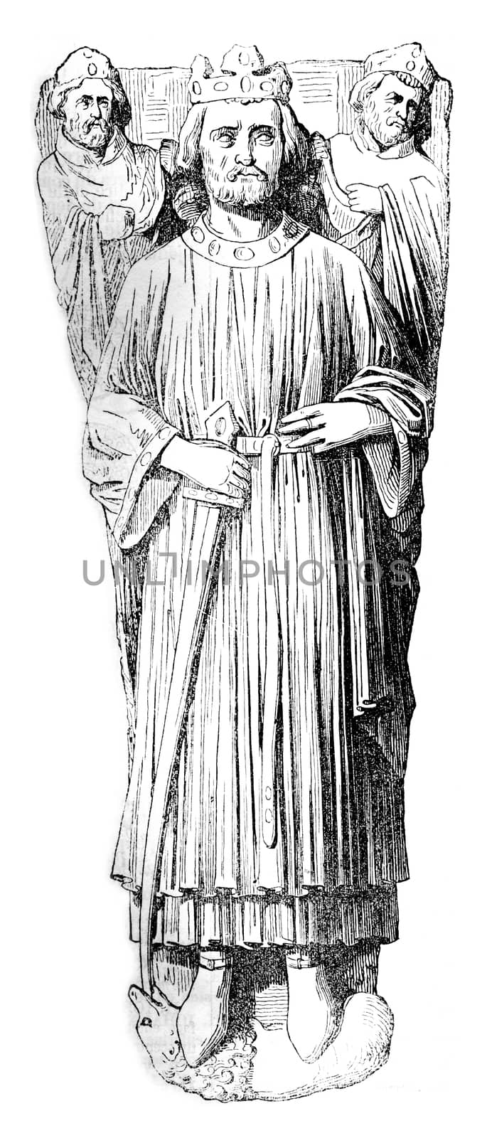 Effigy of King John, placed on his tomb in the Cathedral of Worcester, vintage engraved illustration. Colorful History of England, 1837.
