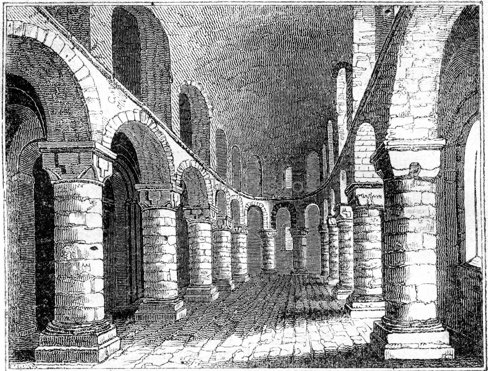 Tower of London, Inside the chapel of the White Tower, vintage engraved illustration. Colorful History of England, 1837.
