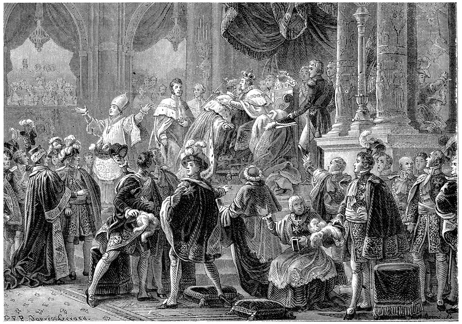 Coronation of Charles X, vintage engraved illustration. History of France – 1885.