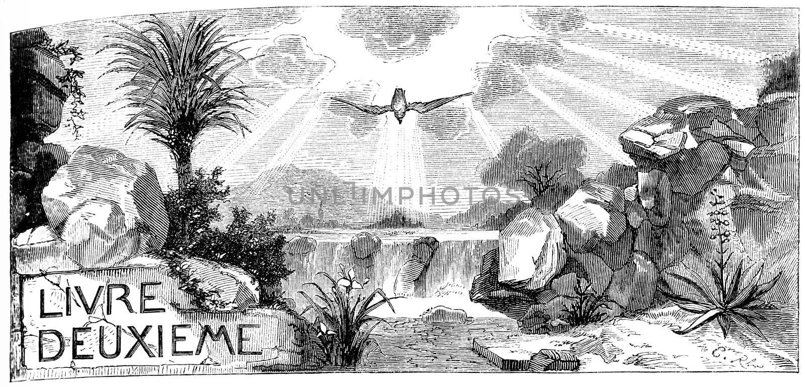 The baptism of Jesus Christ and the testimony of John the Baptist, vintage engraved illustration.
