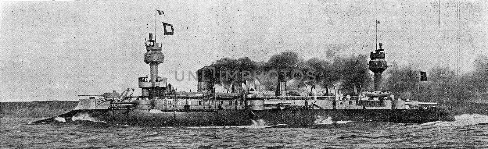 Dupuy de Lome, cruiser armor running 20 knots, vintage engraving by Morphart