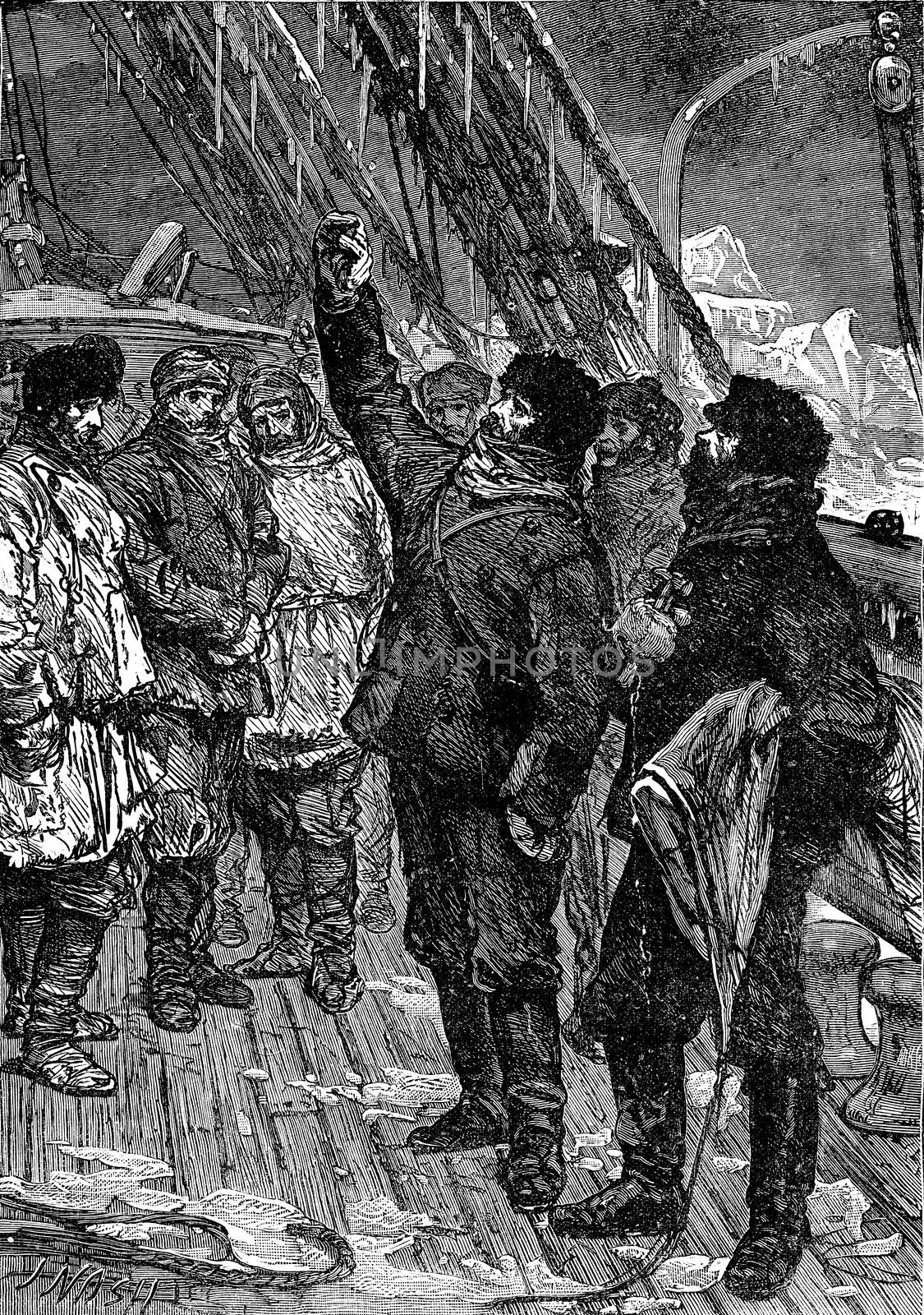 At the north pole, vintage engraved illustration. Journal des Voyages, Travel Journal, (1879-80).