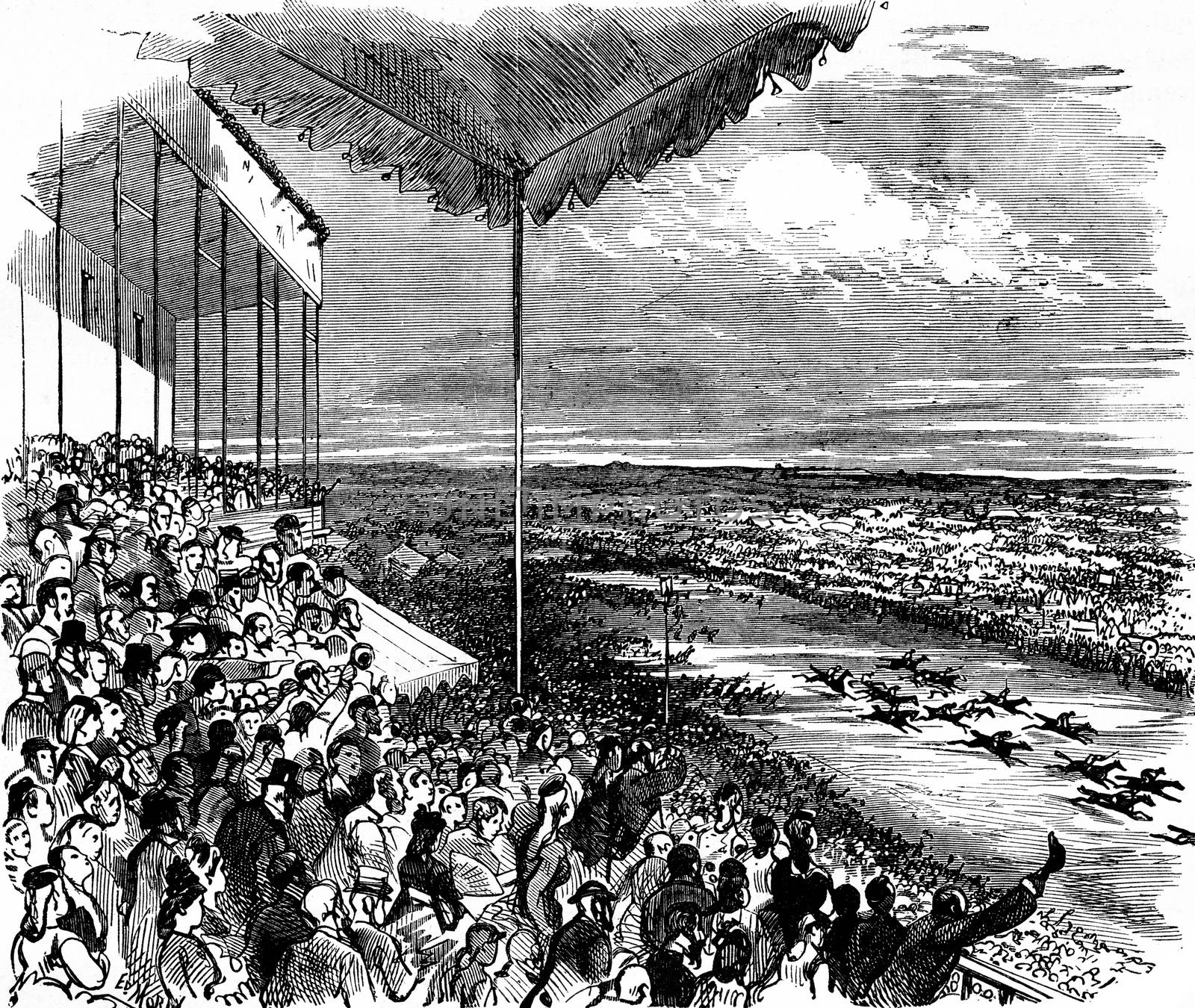 The large stand during a race, vintage engraved illustration. Journal des Voyage, Travel Journal, (1879-80).