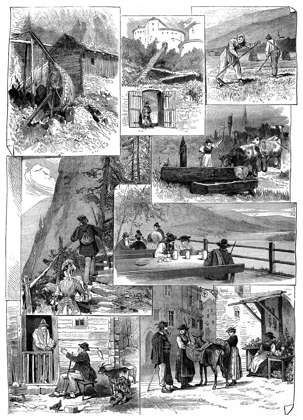 The mill, fort entrance, reapers, trough, stone stairs, brewery,  solitaire and the market,vintage engraved illustration.