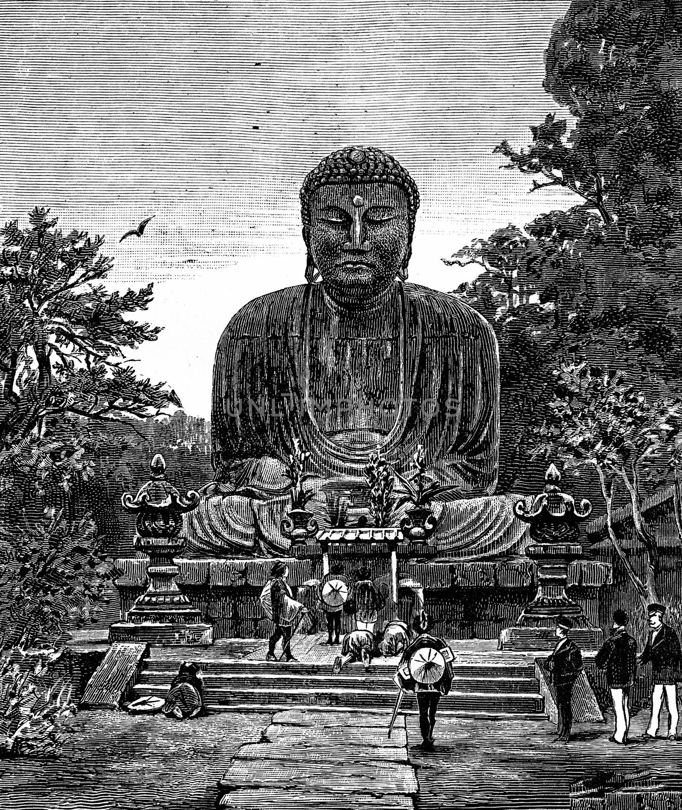 Religious Art in Japan. The giant statue of Buddha, vintage engraved illustration. Journal des Voyage, Travel Journal, (1880-81).