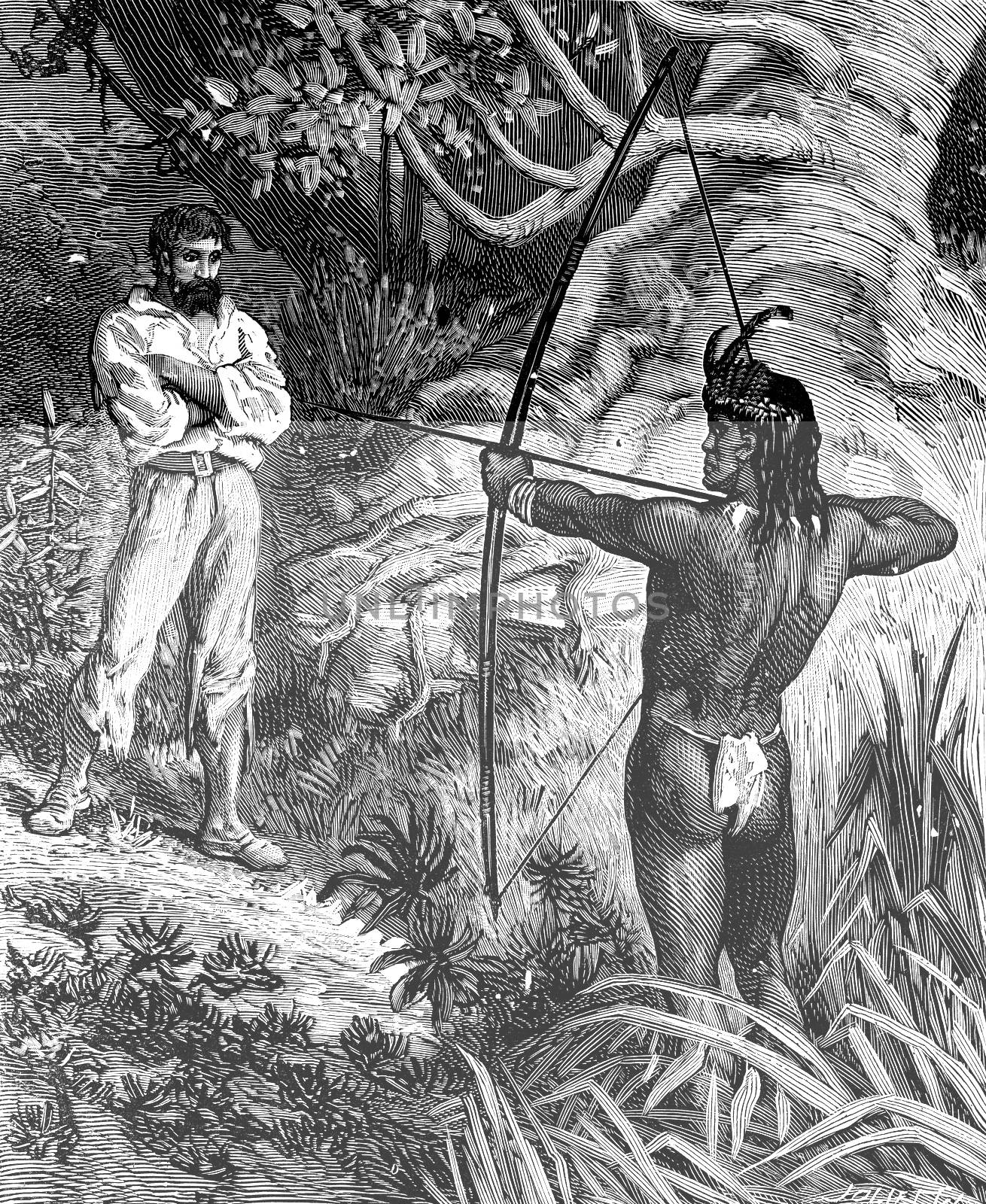 Robinson Crusoe the guyana. A red-skin appeared stretched his bow, vintage engraved illustration. Journal des Voyage, Travel Journal, (1880-81).