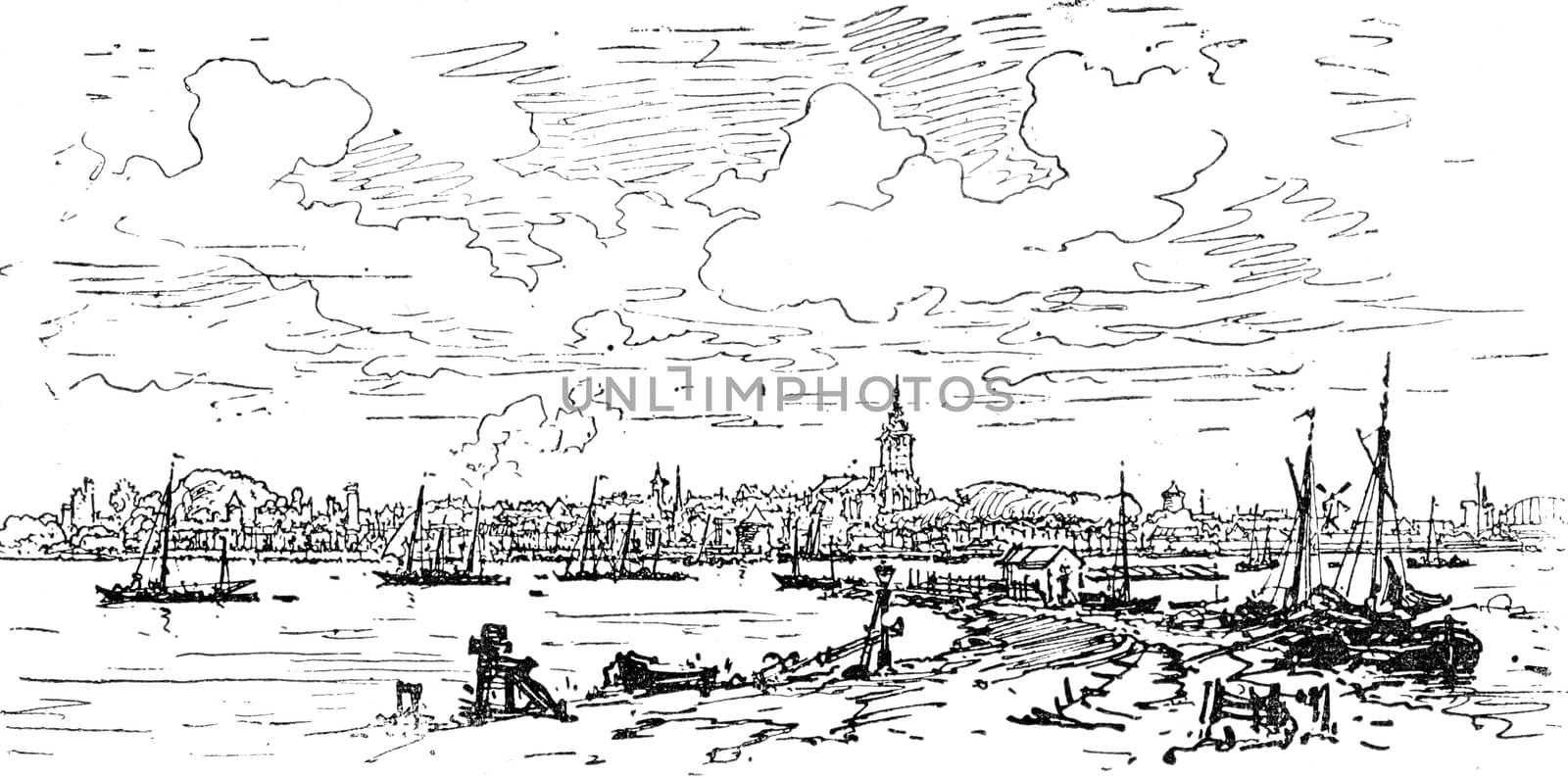 Holland. General view of Nijmegen, vintage engraved illustration. Journal des Voyage, Travel Journal, (1880-81).
