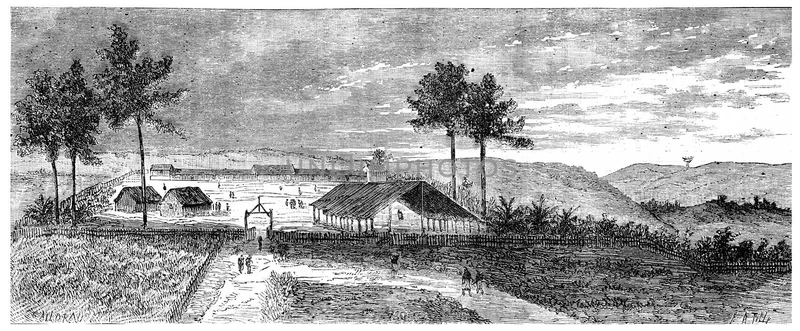 View of Franceville, vintage engraved illustration. Journal des Voyage, Travel Journal, (1880-81).