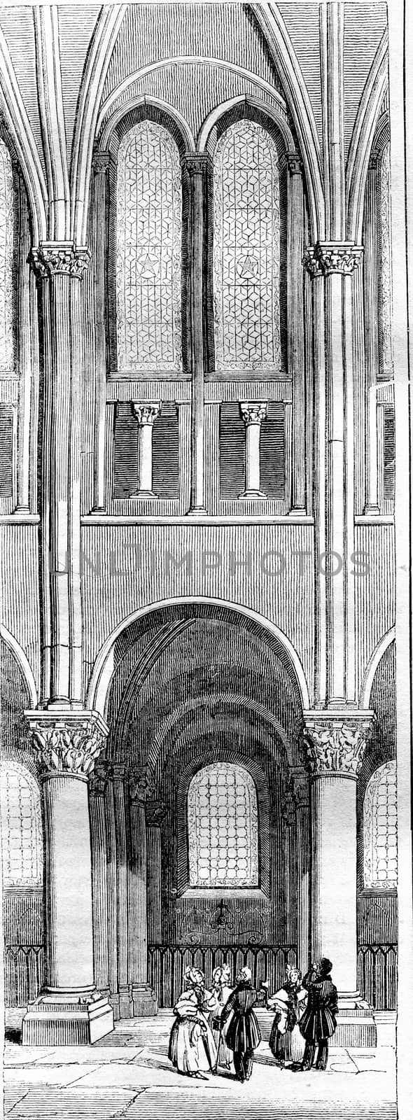 Twelfth century, Span of the apse of Saint Germain des Pres, vintage engraved illustration. Magasin Pittoresque 1836.
