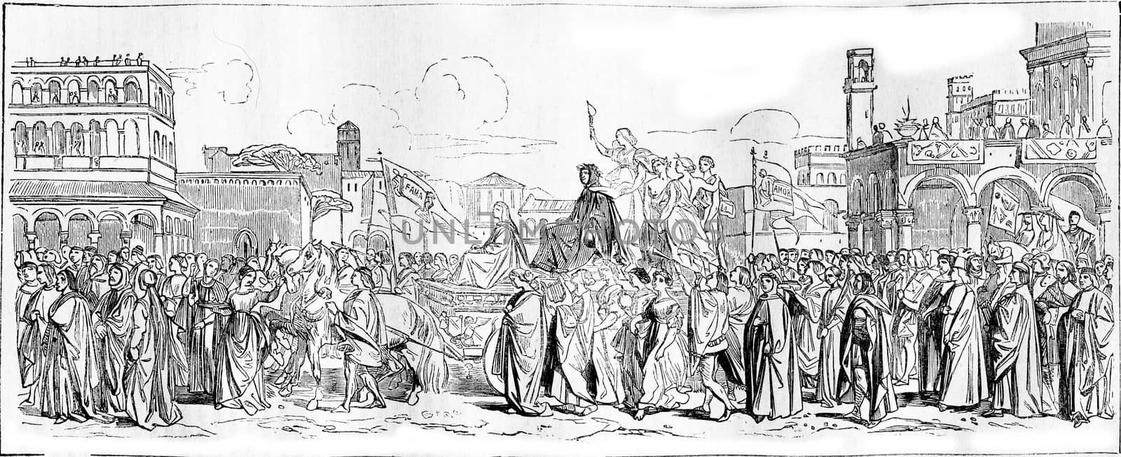 1836 Exhibition of Painting, The Triumph of Petrarch, vintage engraved illustration. Magasin Pittoresque 1836.
