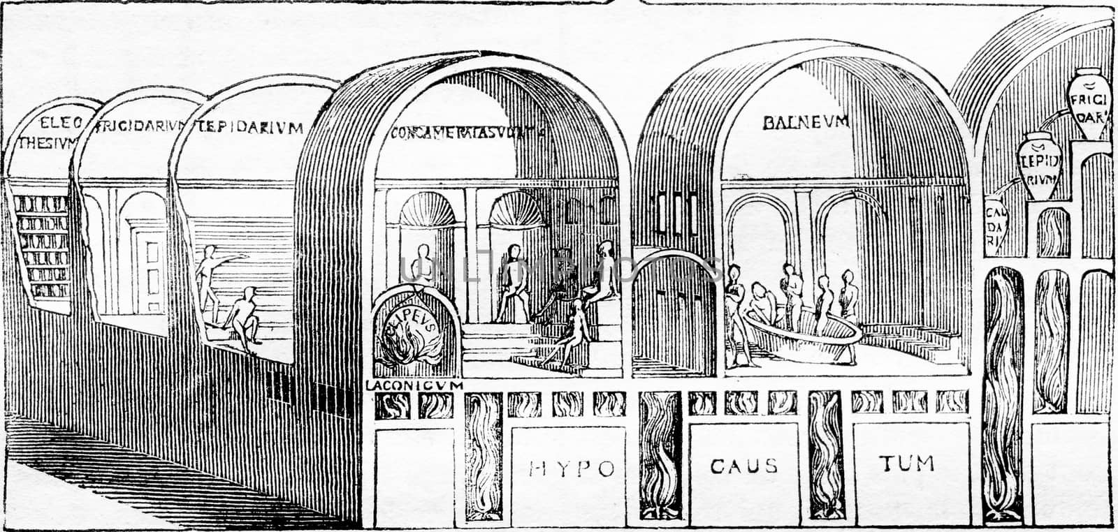 Seating representation, after paintings of discoveries in the baths of Titus, vintage engraved illustration. Magasin Pittoresque 1836.
